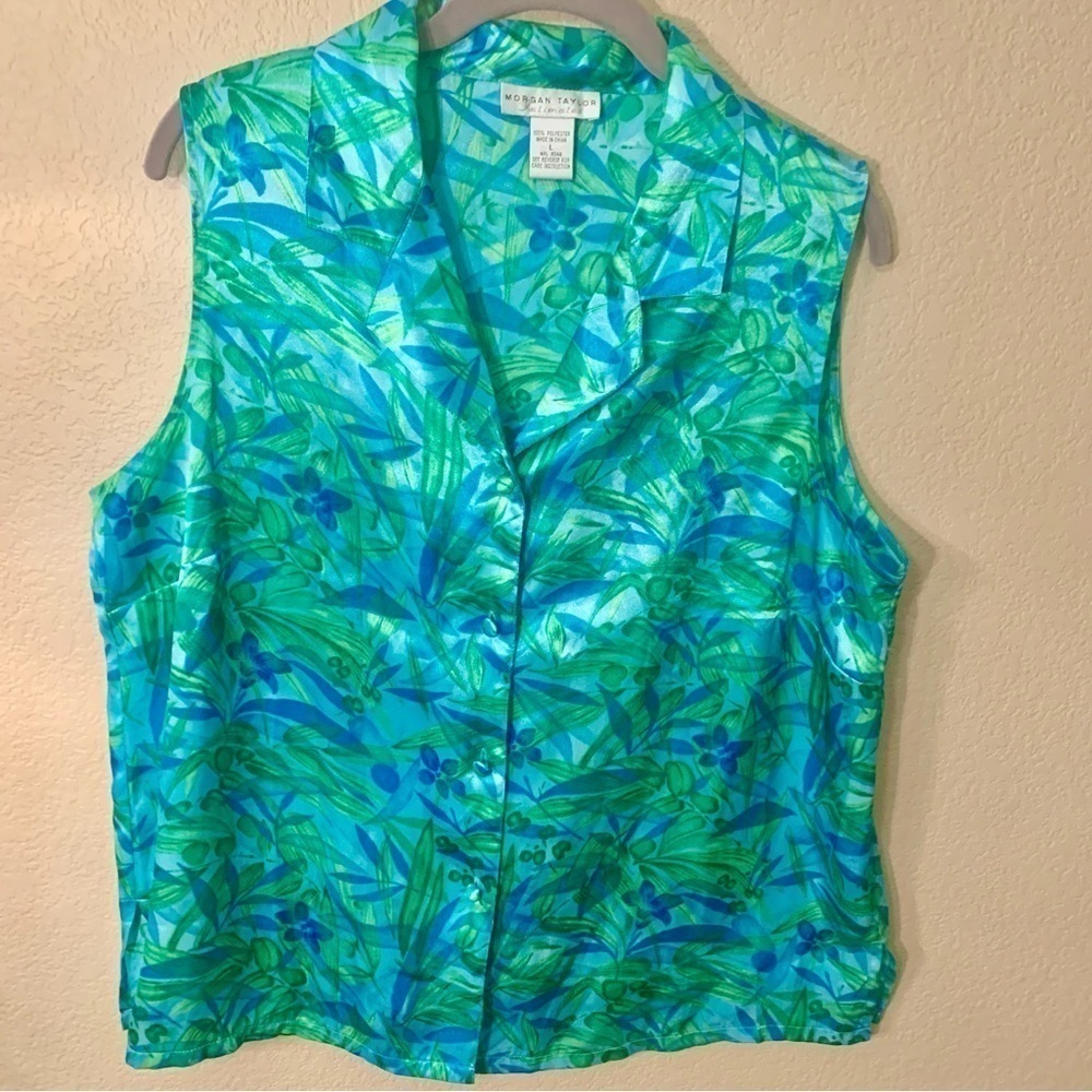 Morgan Taylor Intimates Top Sleep Top Large Sleeveless Teal Green Satin Tropical - Picture 7 of 12
